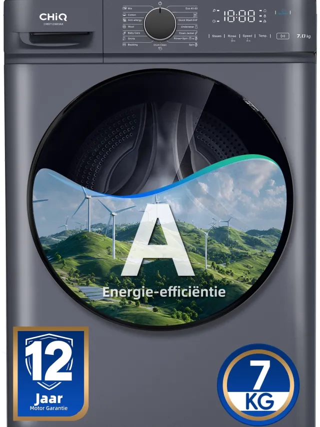 chiq CW07123863AX - Wasmachine - 7 KG - Space Pro - 16 programma's - AI Smart - Stoomwassen & Quick Wash - 12 jaar garantie op motor - A Grijs