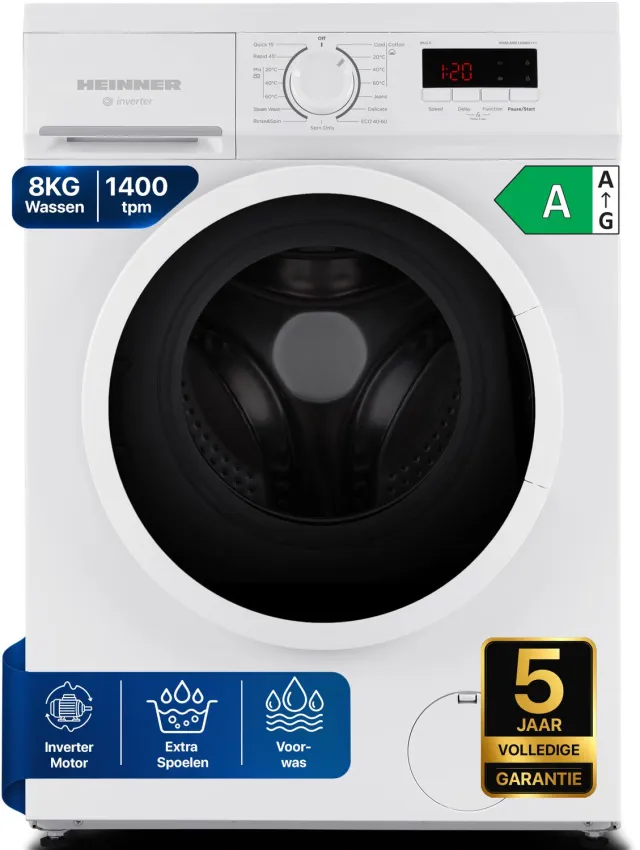 Heinner HWM-M8014SMA+++ Slanke Wasmachine 8 kg – 1400 tpm – Inverter Motor – Digitaal Display – 90° Hygiëneprogramma – 15 min Snelprogramma – Wit – 5 Jaar Garantie