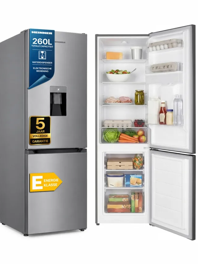 Heinner HC-HM260XWDE++ Koel-vriescombinatie met Waterdispenser RVS 260 L – Vrijstaand – Instelbare Thermostaat – Omkeerbare Deur – 5 Jaar Garantie