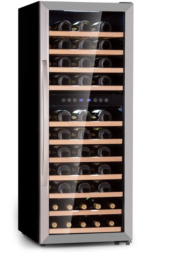 Klarstein Wijnkoelkast 2 Zones – Vrijstaande Wijnklimaatkast met Glazen Deur – Smalle Drankenkoelkast met LED-Verlichting – Temperatuur 5-18°C – Capaciteit 73 Flessen - 192L - Touch - voor Champagne - Wijnkast - Wine Cooler Roestvrij Staal