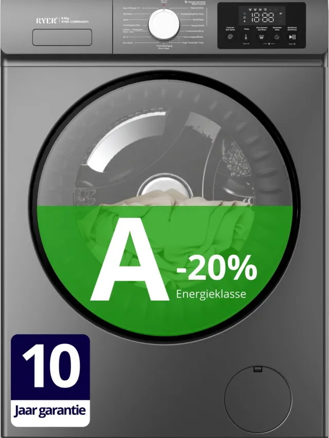 RYER CoreWash - Wasmachine - 8kg - 15 programma’s - 1200 toeren - Energieklasse A-20% - Voorwas met Stoom & Trommelreiniging - 75 dB - Antraciet - 2026 Model - 10 jaar garantie op motor