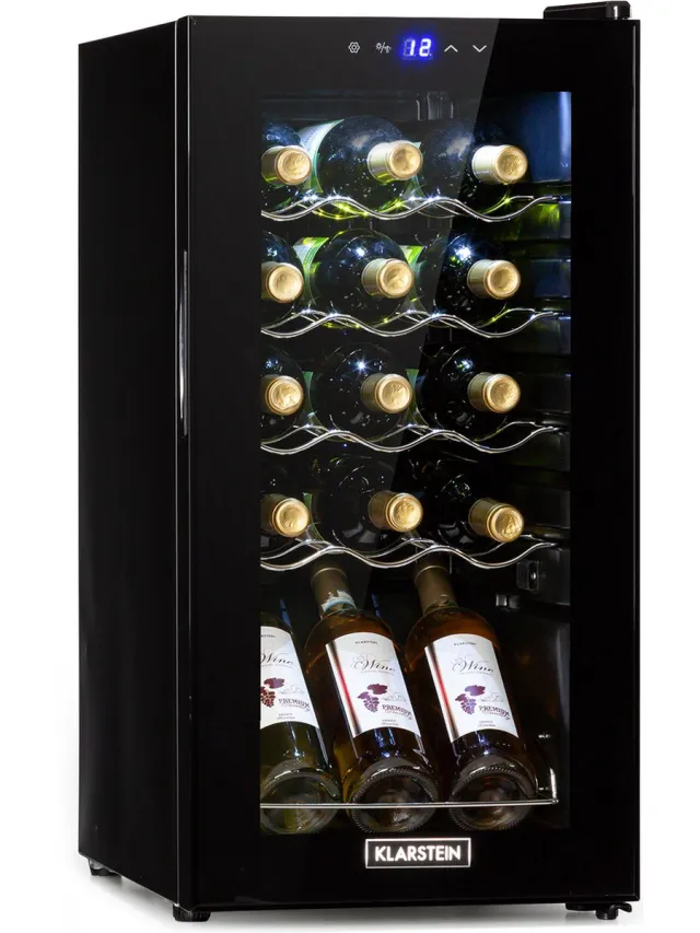 Klarstein wijnkoeler, kleine drankkoeler met 1 zone, kleine wijnkast 53 liter, kleine wijnkoeler met glazen deur, flessenkoeler voor binnen en buiten, wijnkoelkast 5-18 °C, 15 flessen - 44L 45 cm - voor Bar - Vrijstaand Zwart